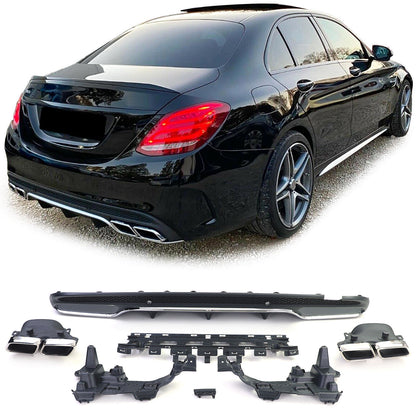 Aftermarket Chrome Sport Rear Diffuser with Exhaust Tips Compatible with Mercedes C W205 S205 14-18 