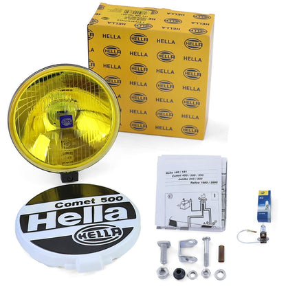 Original Hella Comet 500 H3 headlights with universal round yellow cap