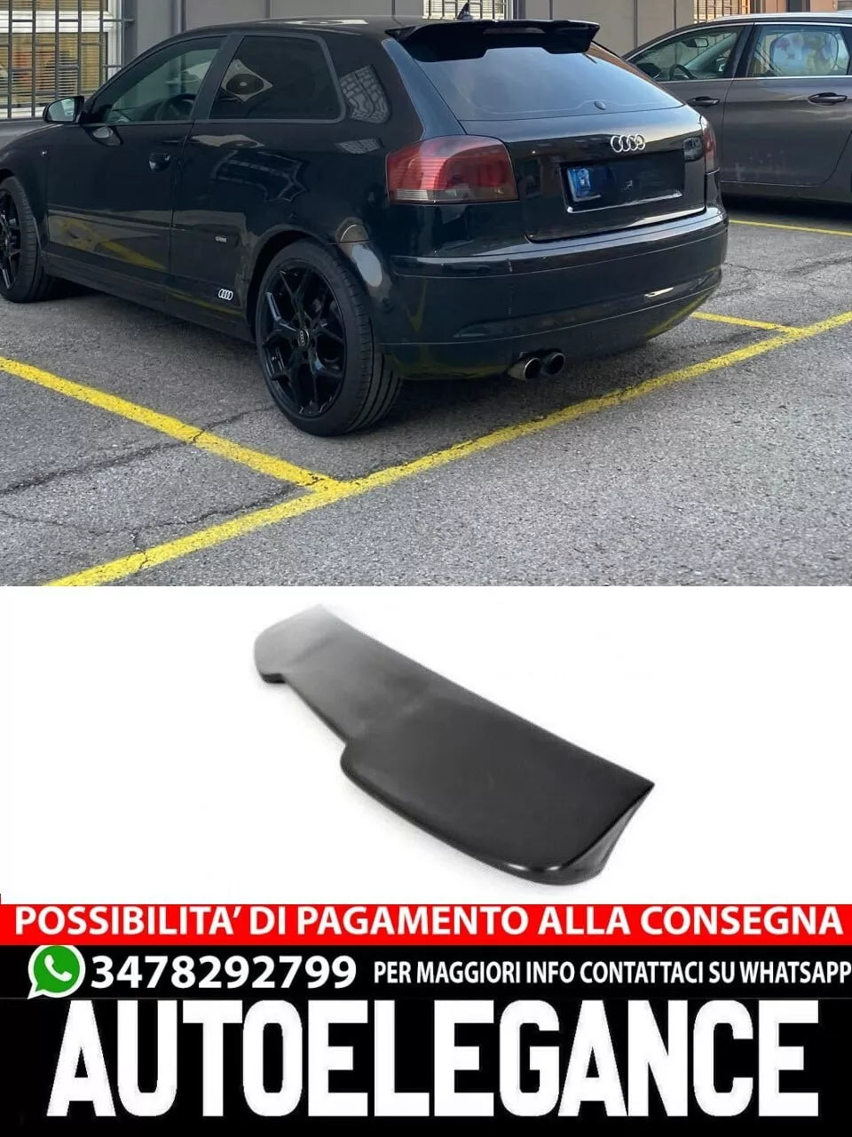 0631 ALETTONE SUL TETTO RS3 - AUDI A3 8P 3 PORTE 03-12 SPOILER POSTERIORE IN ABS