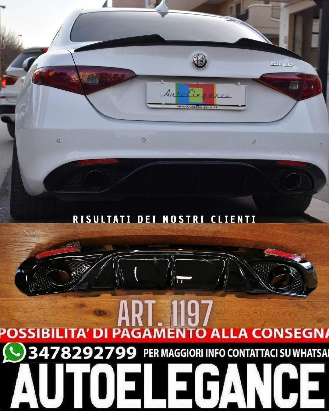 DIFFUSORE ADATTO PER ALFA ROMEO GIULIA LOOK VELOCE NERO LUCIDO + TERMINALI NERI