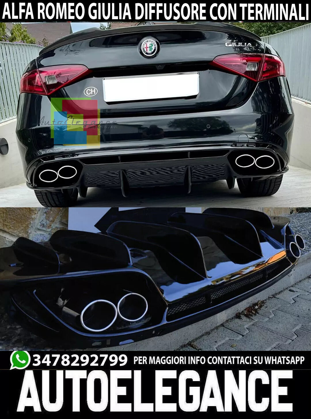SOTTO PARAURTI ALFA ROMEO GIULIA DIFFUSORE POSTERIORE NERO CON TERMINALI CROMATI