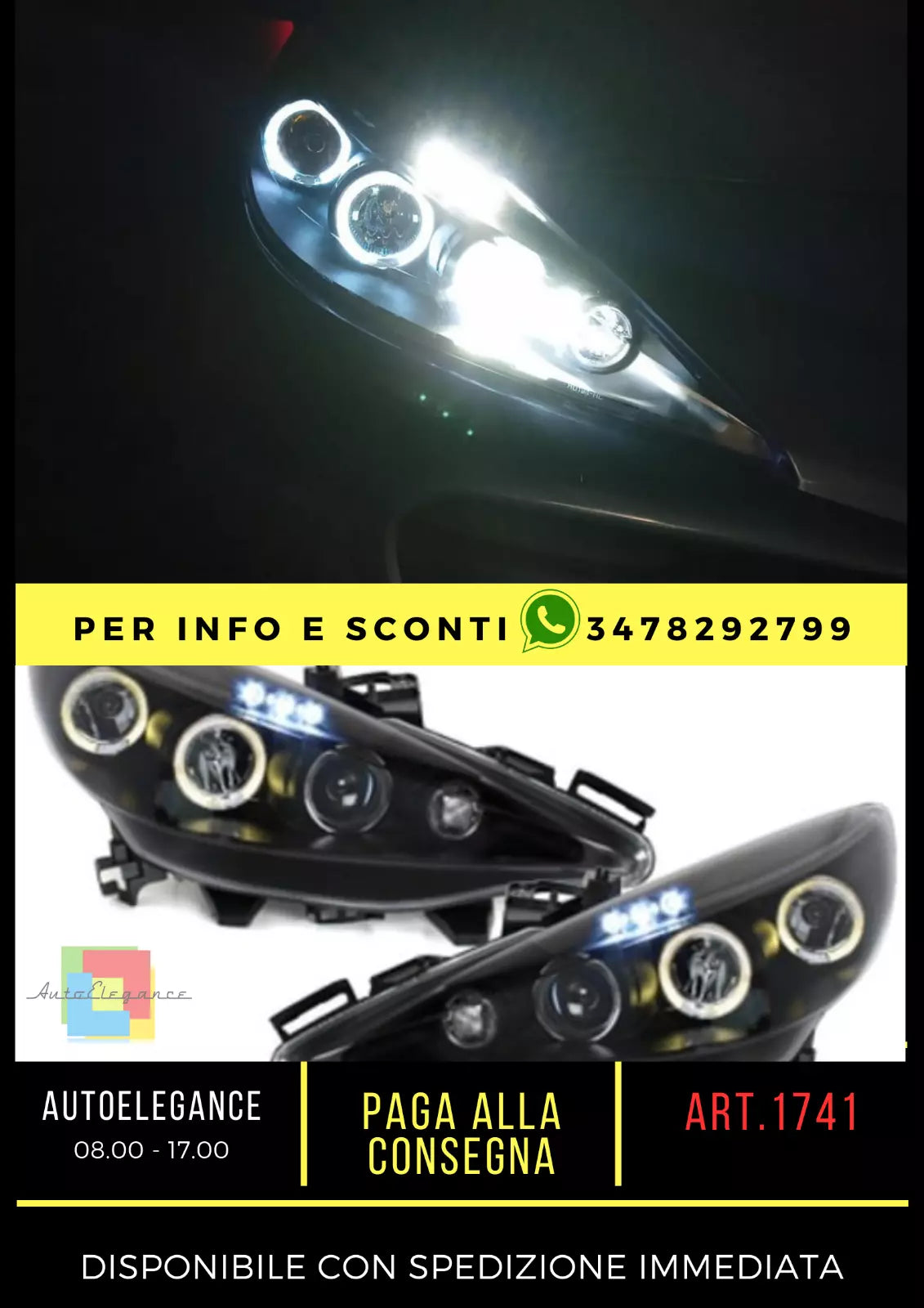✨FARO PROIETTORE ADATTO PER PEUGEOT 207 207CC 2006-2012 BLACK ANGEL EYES✨