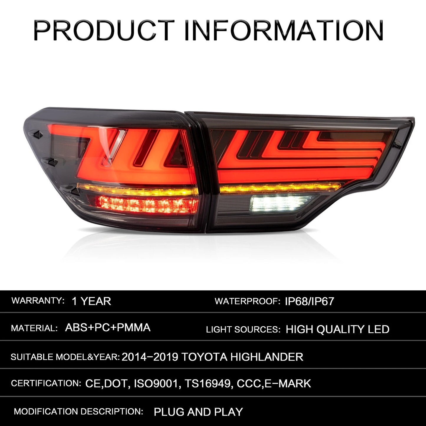 ⭐ART.2878 Fanali Posteriori a LED Fumé – Toyota Highlander (2014–2019)⭐