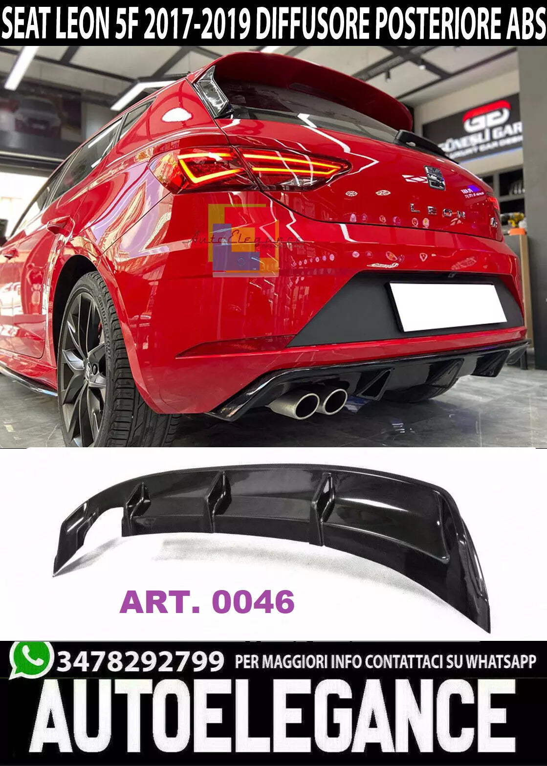 SOTTO PARAURTI POSTERIORE PER SEAT LEON 5F 2017+ STANDARD ABS NERO LUCIDO