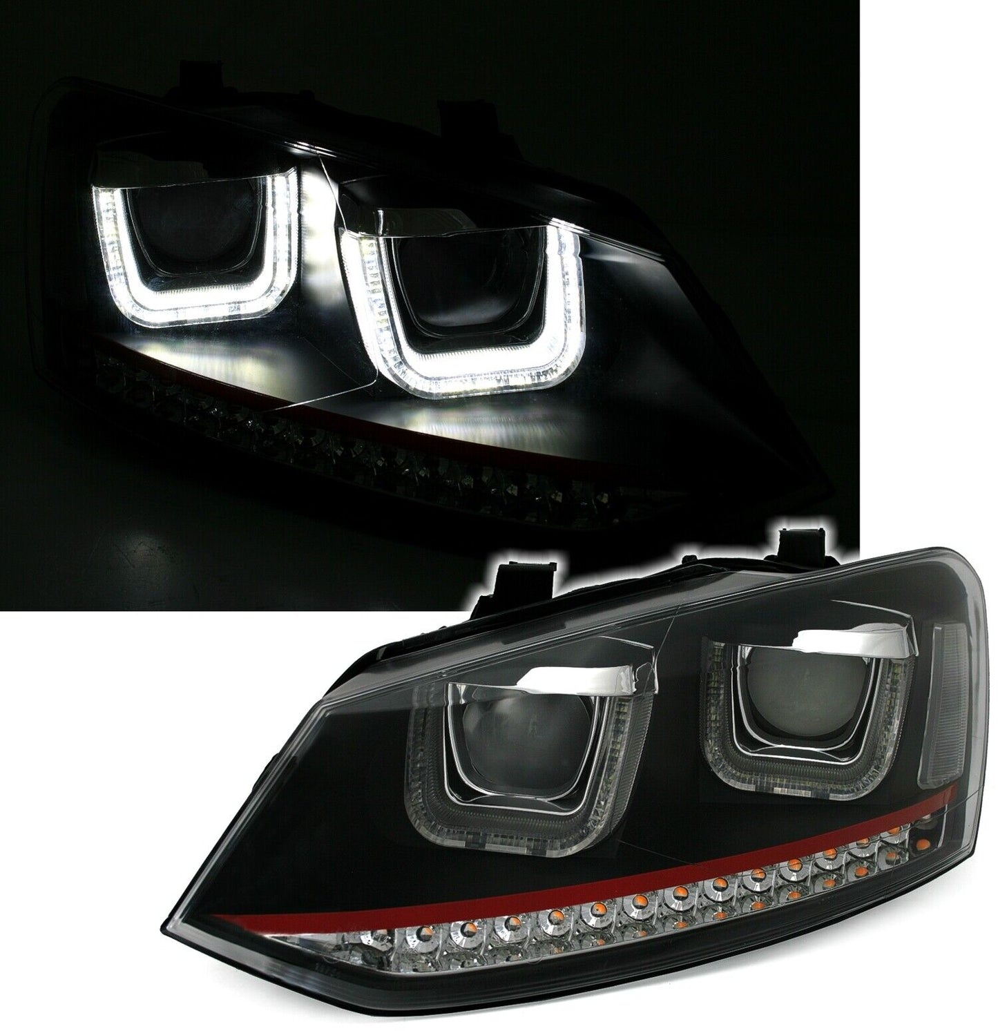 Set fari per VW Polo 6R / 6C con striscia rossa U-Tube LED