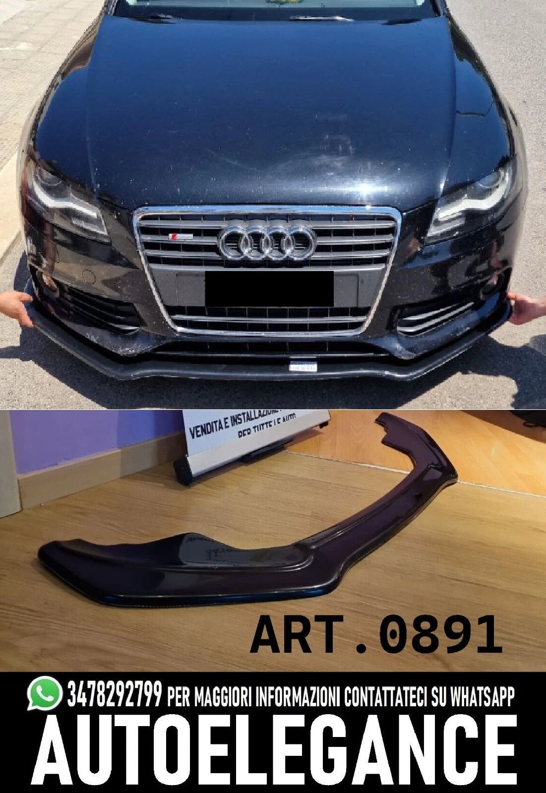 0891 SPLITTER ADATTO PER AUDI A4 B8 2007-2011 STANDARD SLINE S4 NERO LUCIDO