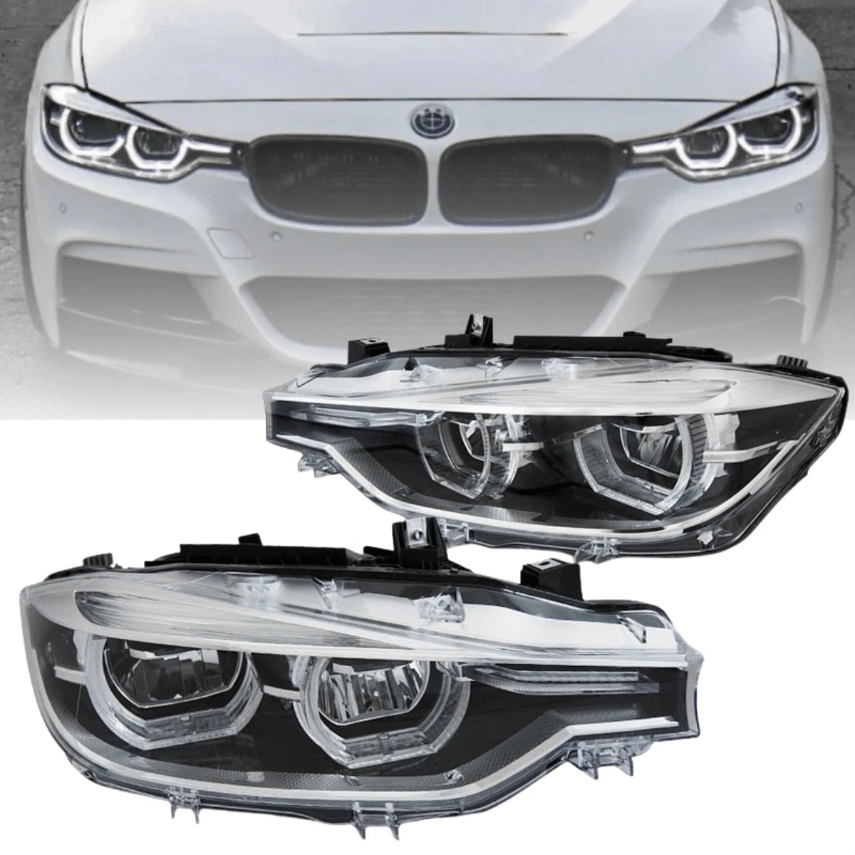 fari full led Angel Eyes neri per BMW Serie 3 F30/F31 LCI 2015-2018 - solo per alogeni
