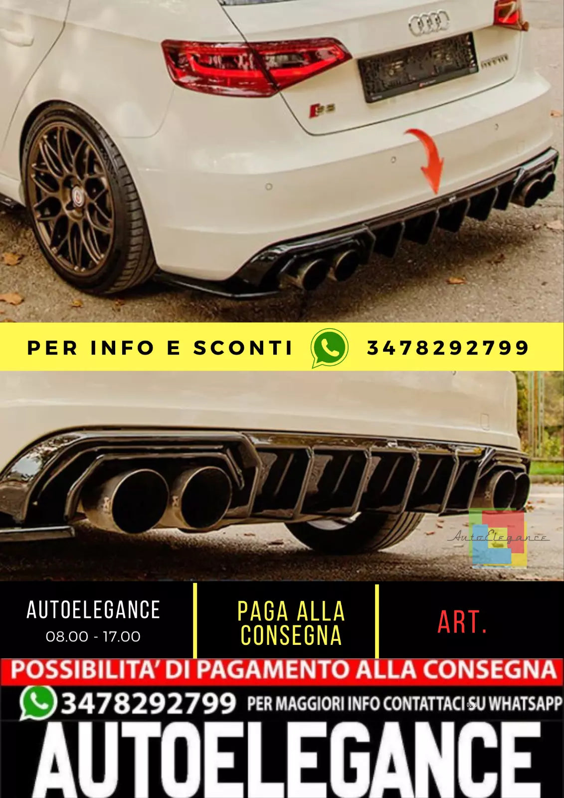 Diffusore adatto per Audi A3 S3 RS3 8V HB 2012 + RS3 aspetto nero lucido