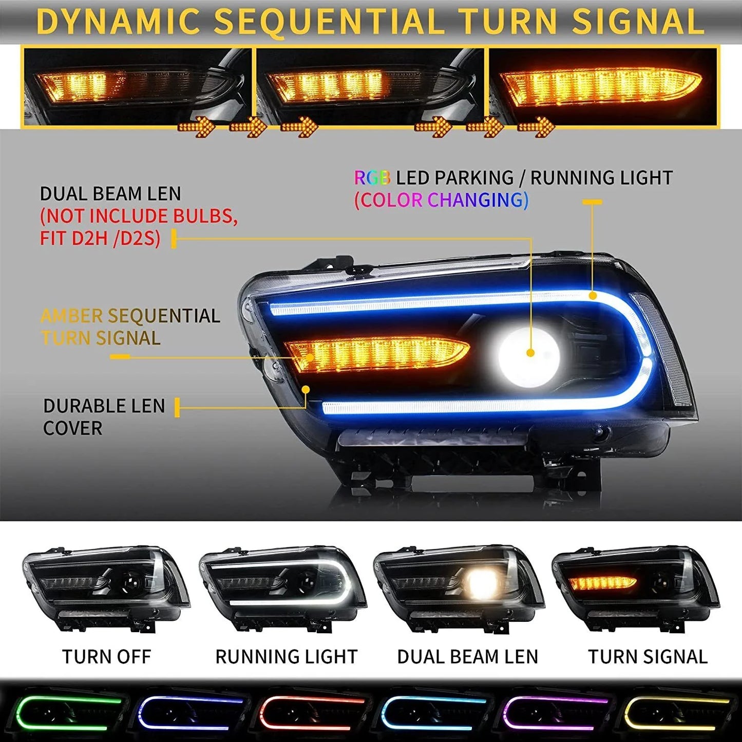2011-2014 Dodge Charger RGB LED Headlights Black Dual Beam 