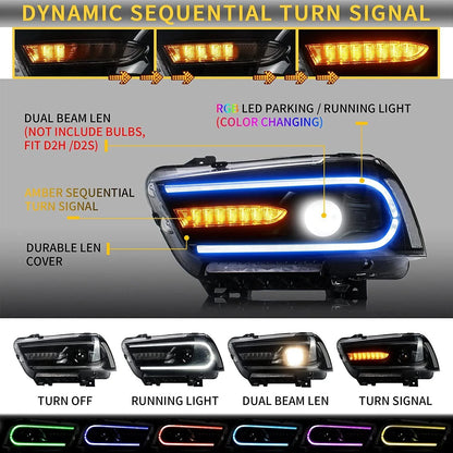 2011-2014 Dodge Charger RGB LED Headlights Black Dual Beam 