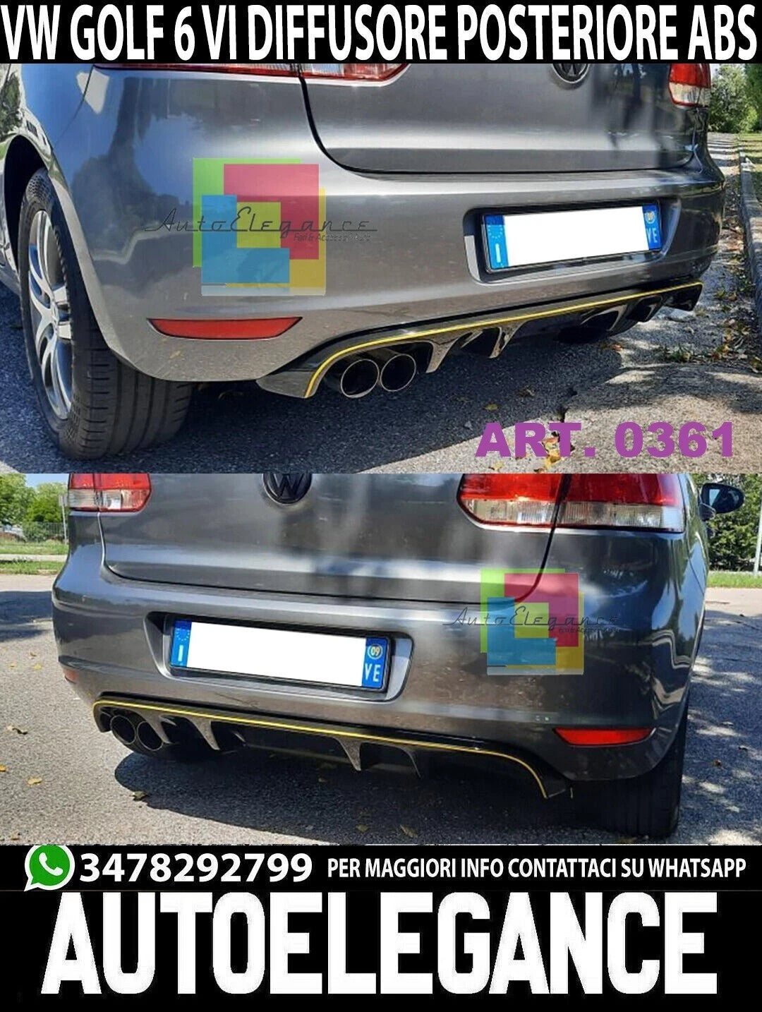 0361 SOTTO PARAURTI POSTERIORE PER VW GOLF 6 VI DIFFUSORE ABS NERO LUCIDO ..