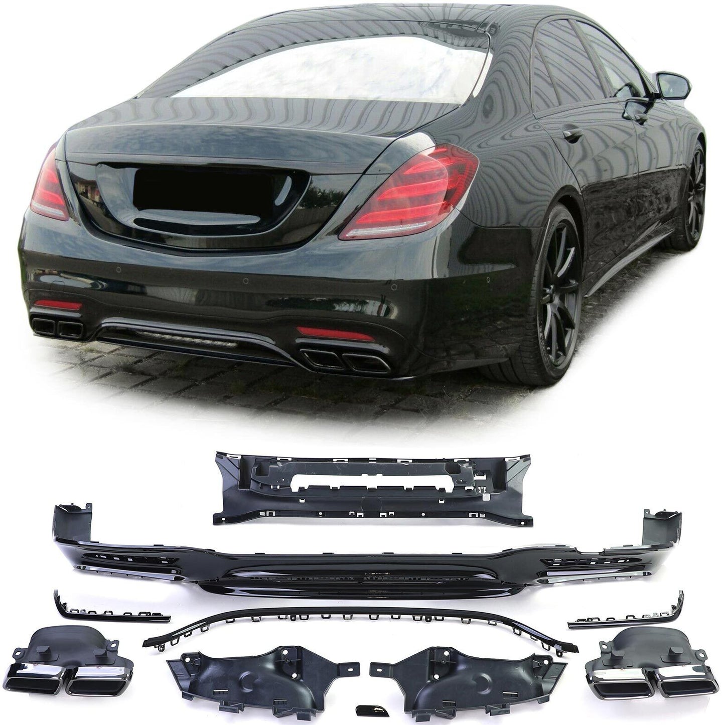 Diffusore posteriore sportivo con doppi terminali di scarico nero compatibile per Mercedes Classe S W222 17-20