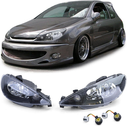 Faro in vetro trasparente nero H7 H7+ adattatore aftermarket compatibile con Peugeot 206 1998-2008