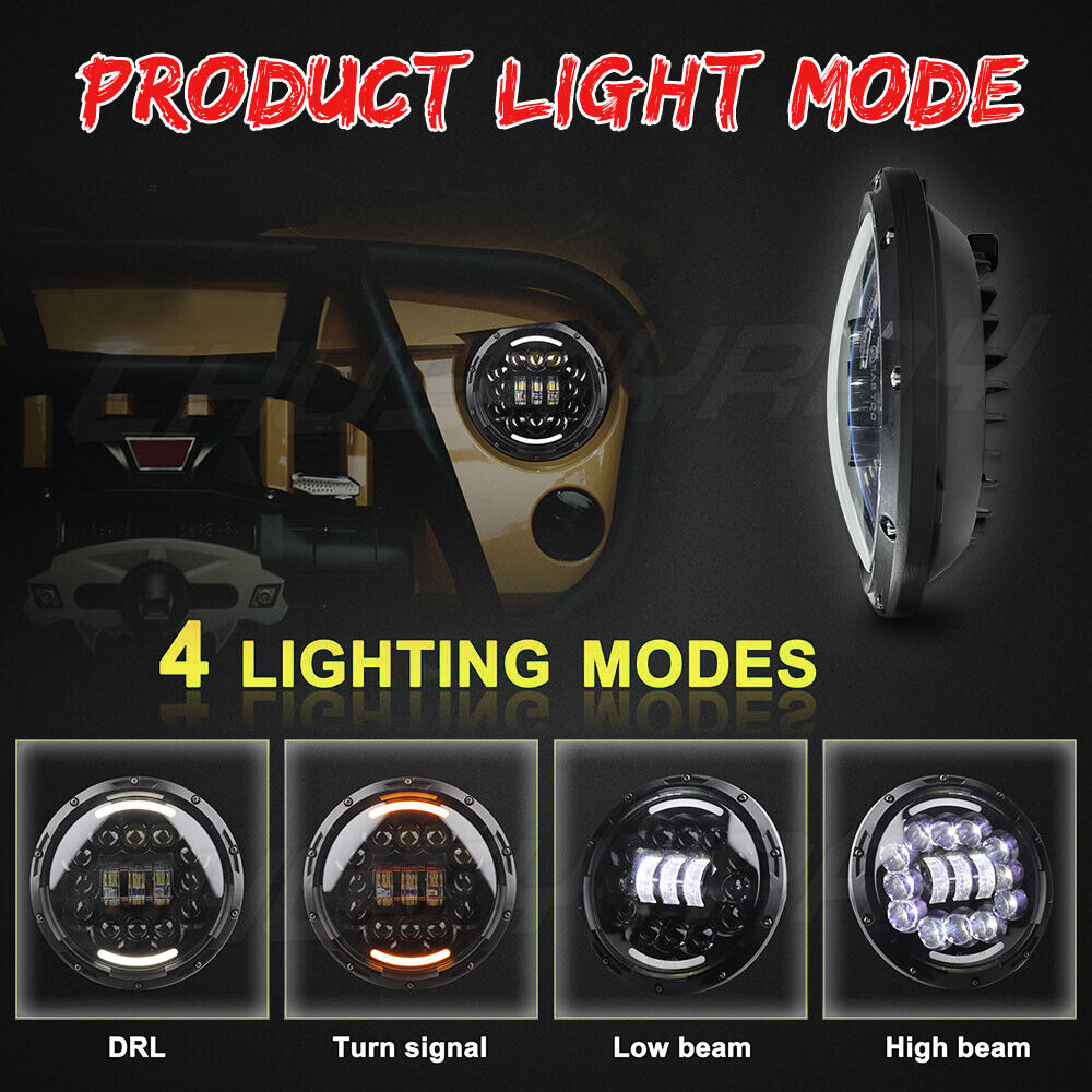 7 Inch Round LED Headlights HI/LO Amber Halo For Chevy C10 C20 Camaro Nova