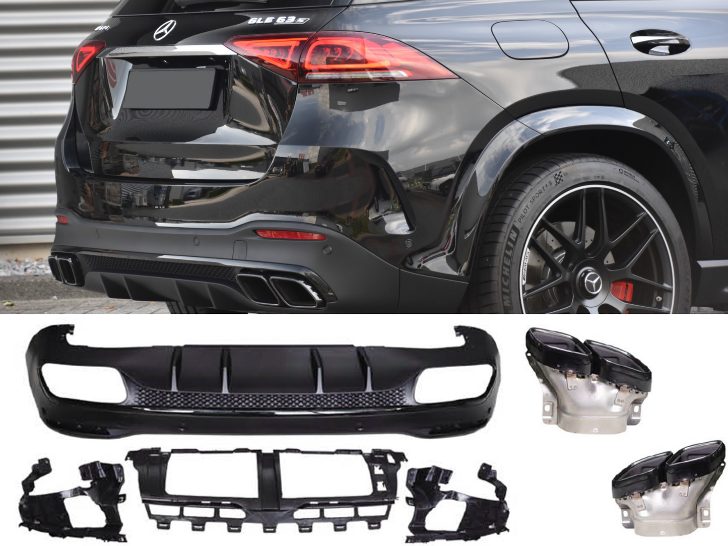 For Mercedes W167 GLE SUV Diffuser + Exhaust Tips 2X2 (BLACK) 63 AMG OPTICS