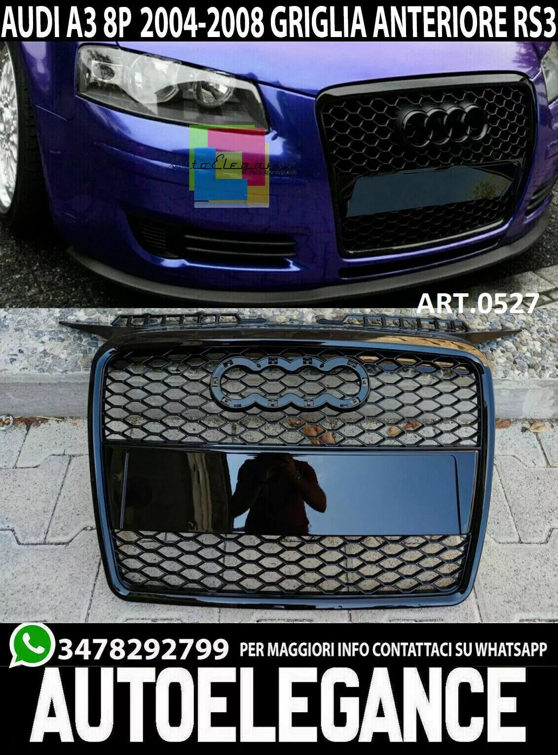 GRIGLIA RADIATORE PER AUDI A3 8P 2005-2008 GRIGLIA LOOK RS3 NERO-