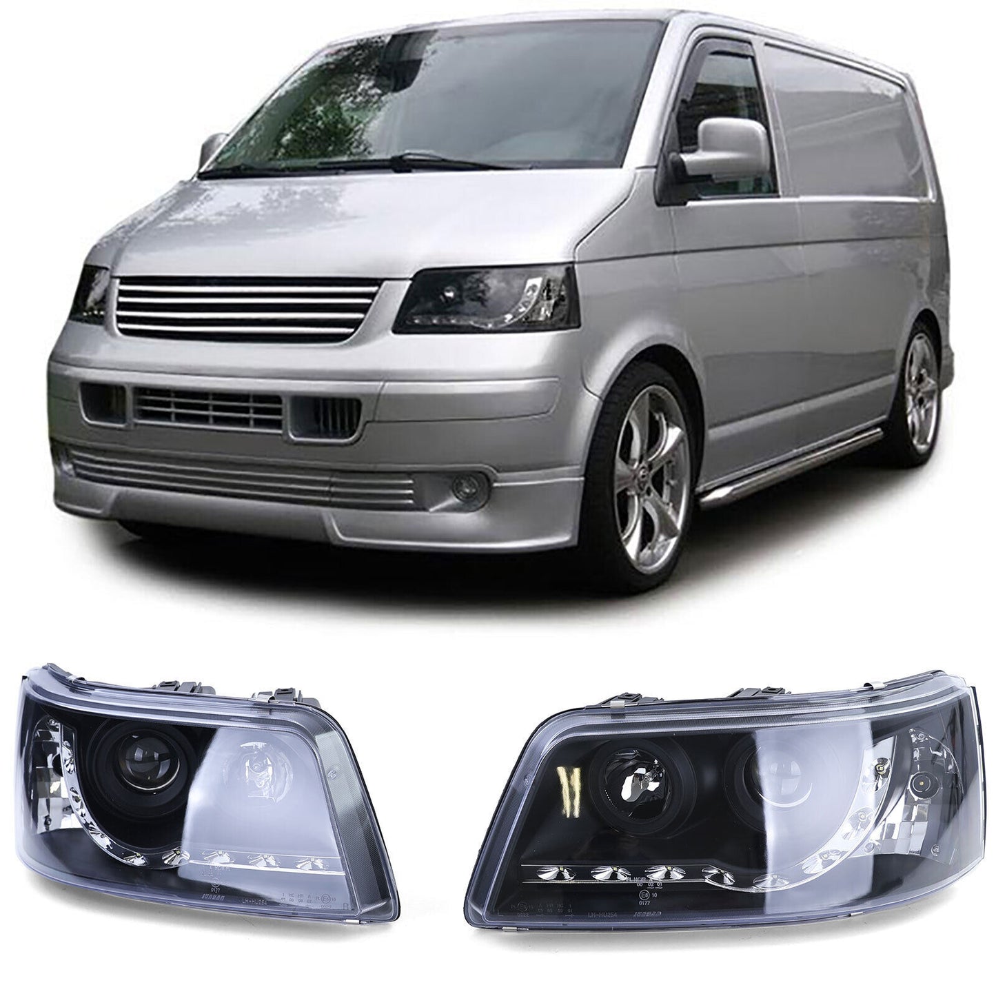 Fari con luci di marcia diurna a LED in ottica nera aftermarket compatibile con VW Transporter Bus T5 03-09