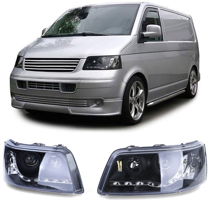 Fari con luci di marcia diurna a LED in ottica nera aftermarket compatibile con VW Transporter Bus T5 03-09