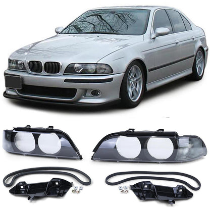 Pair of Headlight Lenses Black Smoke TYC compatible for BMW 5 Series E39 