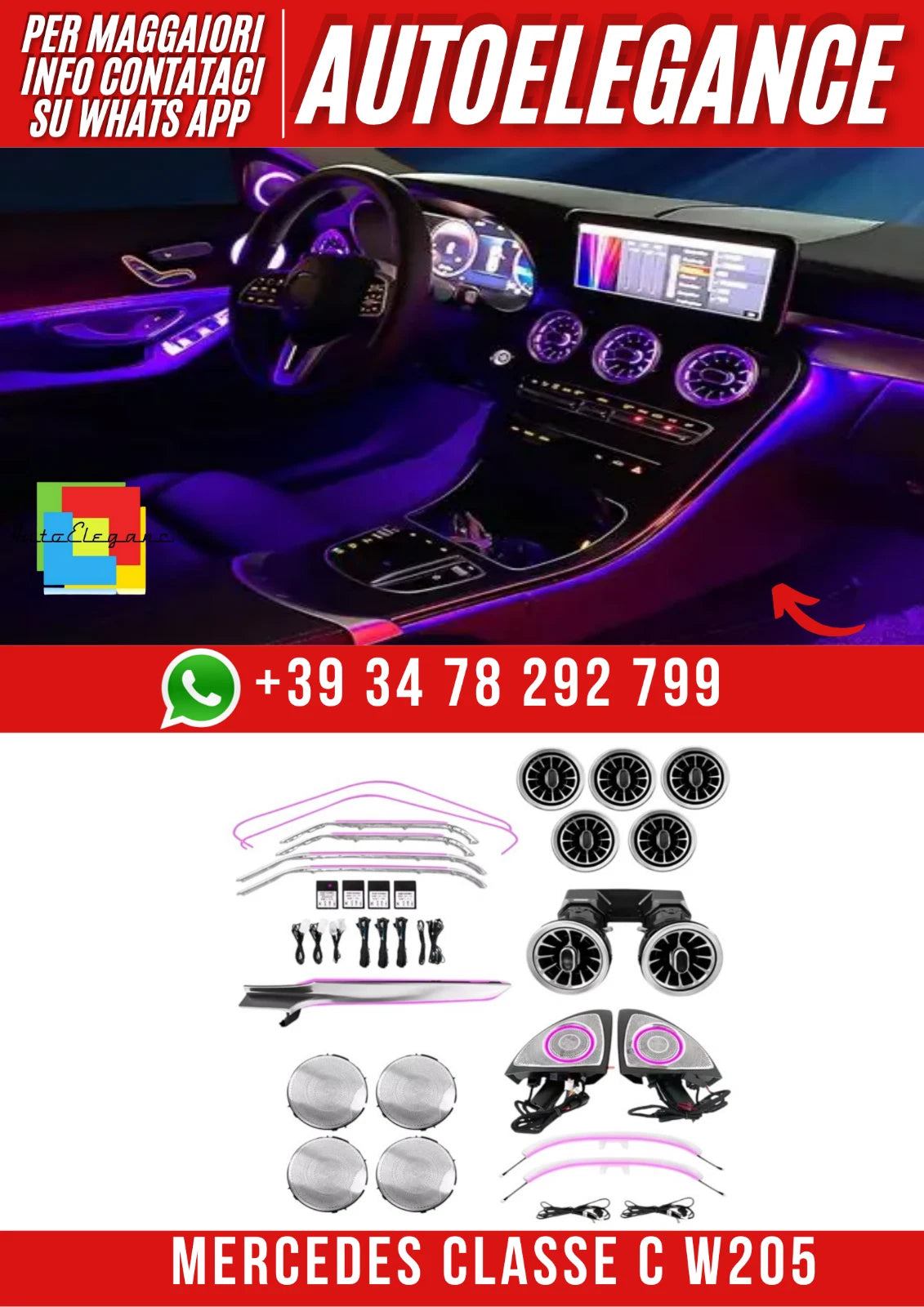 Kit di aggiornamento illuminazione ambientale a 64 colori per Mercedes W205 Classe C