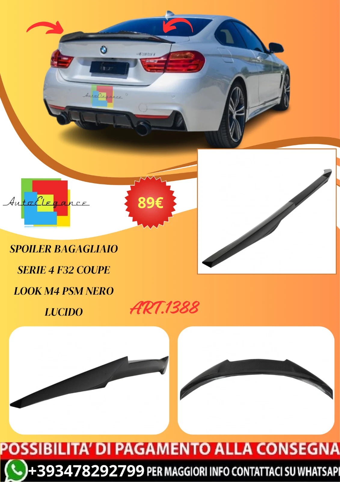 💫ART. 1388 SPOILER BAGAGLIAIO SERIE 4 F32 COUPE LOOK M4 PSM NERO LUCIDO💫