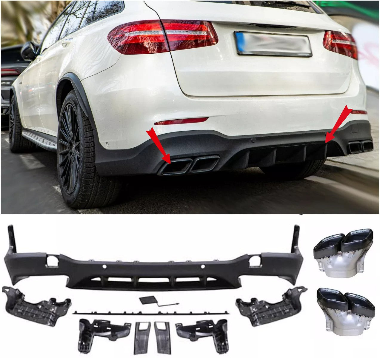 Rear Spoiler Diffuser + Exhaust Tips (BLACK) 63 AMG LOOK for Mercedes GLC x253 