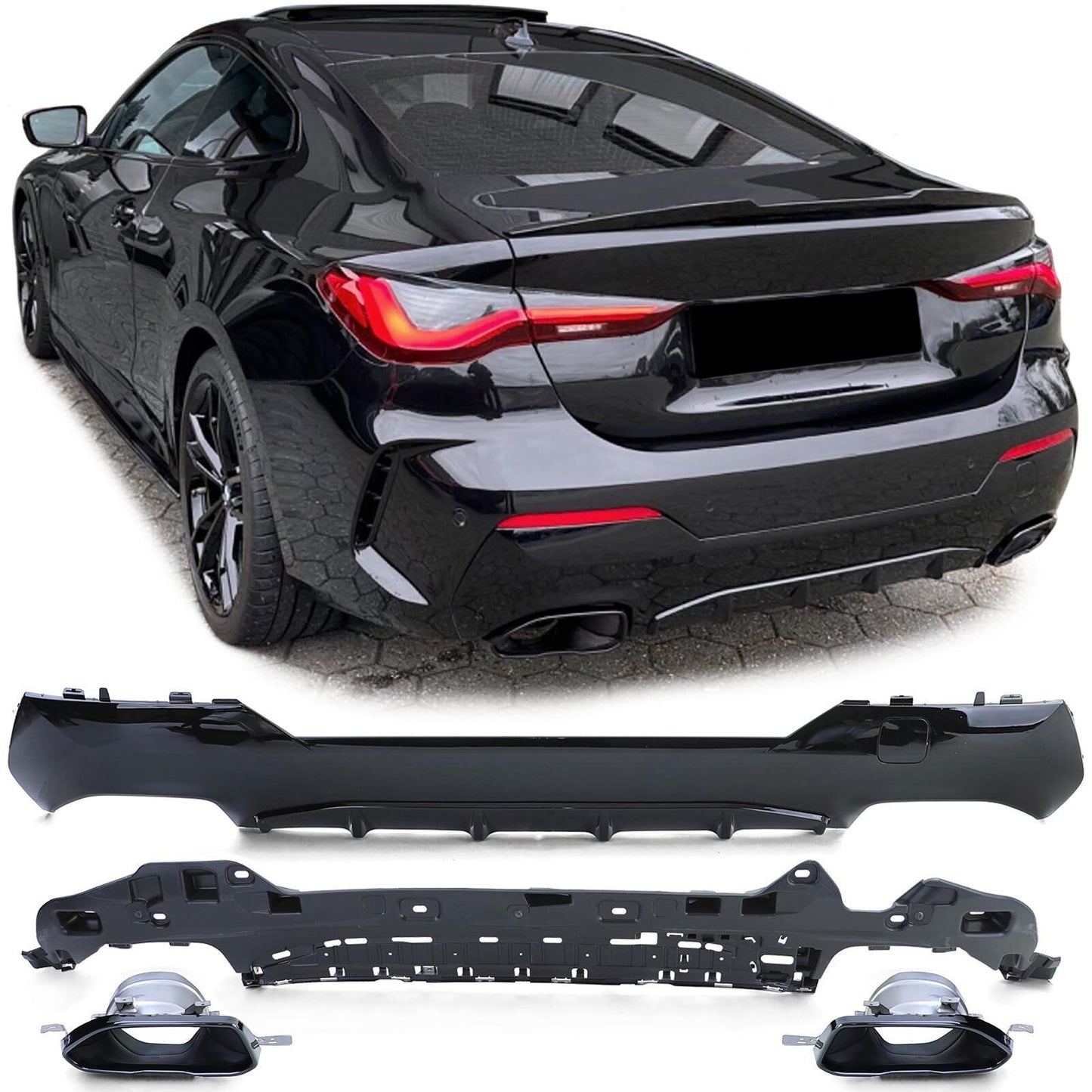 Rear Diffuser Sport Glossy + Exhaust Tips 440 Look Aftermarket Compatible with BMW 4 Series G22 G23 420 430 