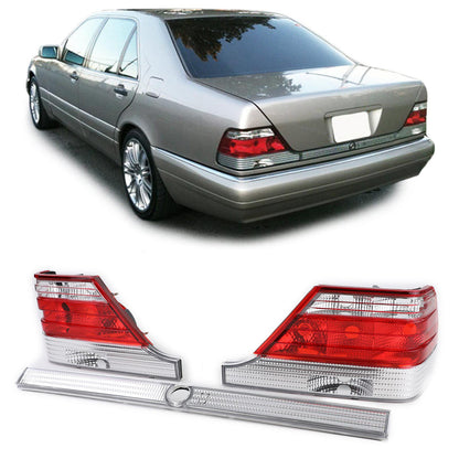 Fanali posteriori in vetro trasparente con striscia di blocco rosso aftermarket compatibile conMercedes S W140 94-98