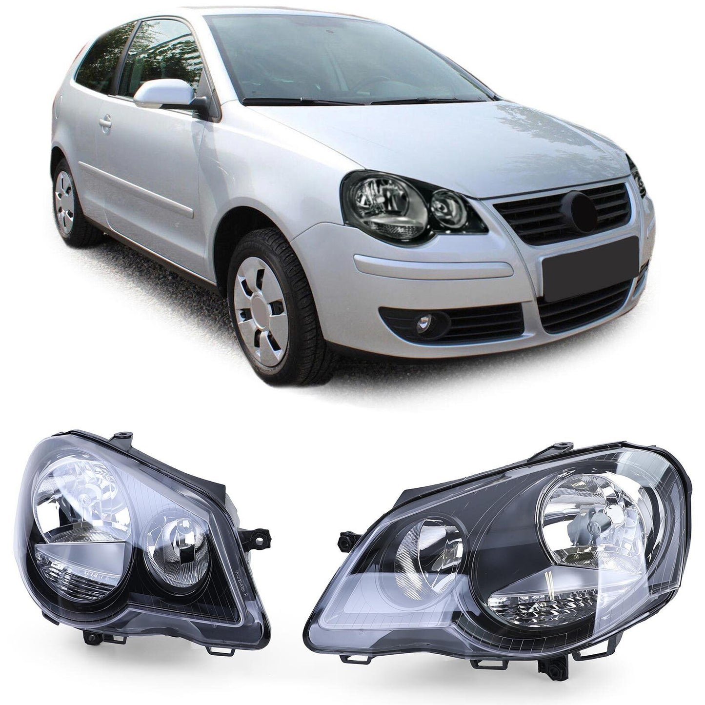 GTI Cup Headlights Black - Aftermarket Set Compatible with VW Polo 9N3 05-09 