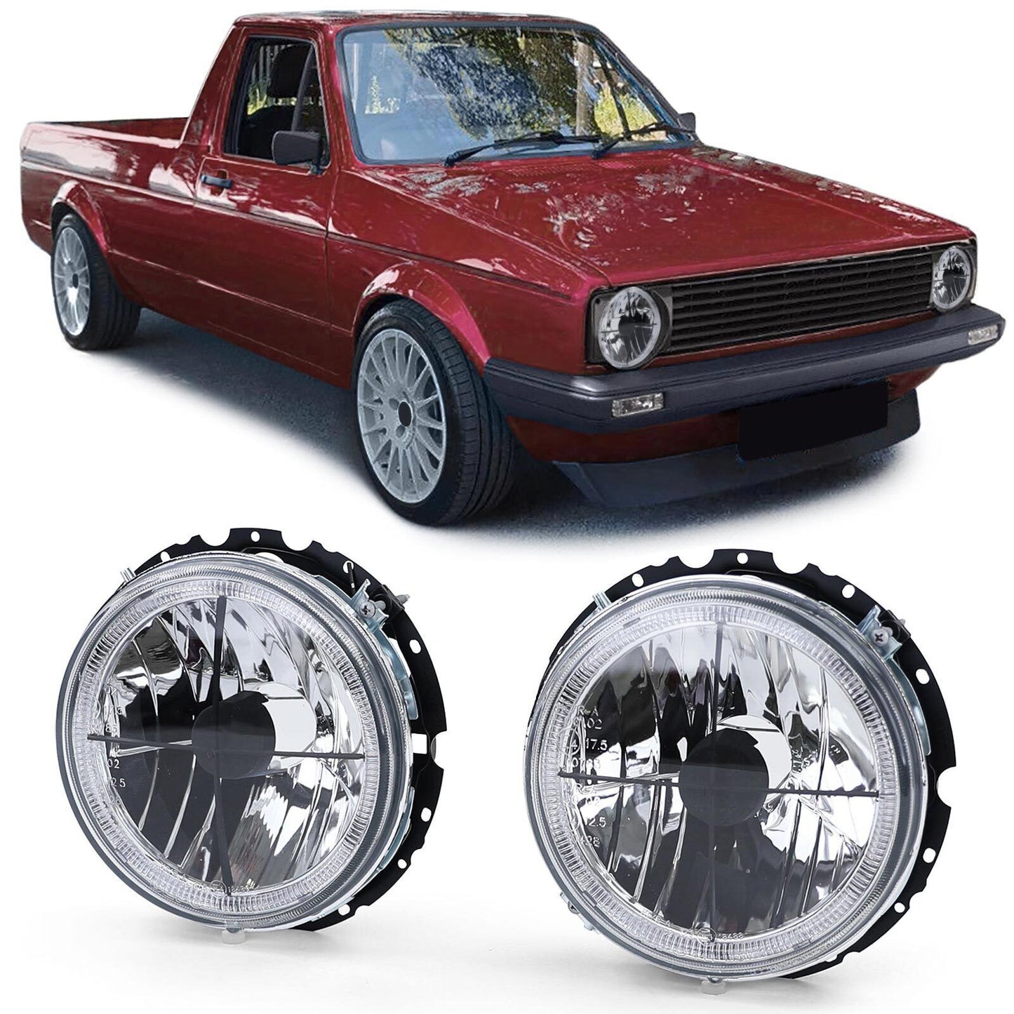 Mirino fari angel eyes in vetro trasparente per VW Caddy I 82-92 + Jetta I 79-84
