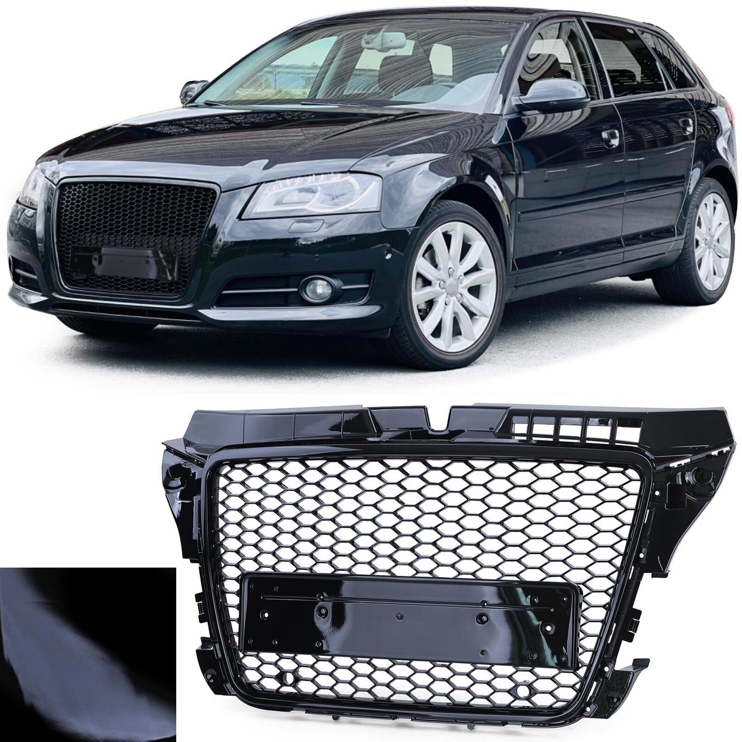 Griglia sportiva a nido d'ape nera lucida senza emblema aftermarket compatibile con Audi A3 8P 08-13