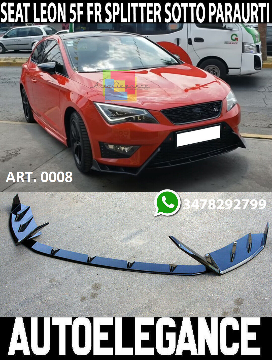 SEAT LEON 5F SPOILER FR SOTTO PARAURTI ANTERIORE ABS NERO LUCIDO SPLITTER LAMA .