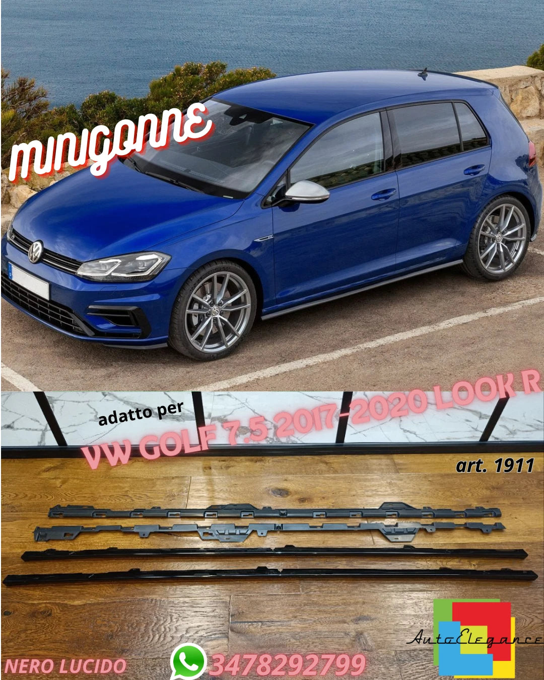 art.1911🔥MINIGONNE ADATTO PER VW GOLF 7.5 2017-2020 LOOK R NERO LUCIDO TOP🔥