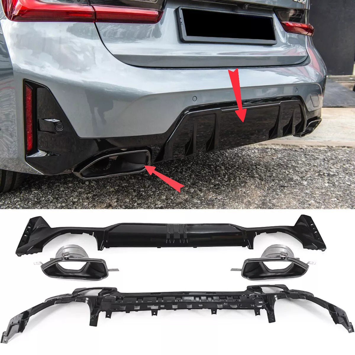 Diffusore + terminali di scarico (NERO) ADATTO PER BMW SERIE 3 G20 / G21 LCI