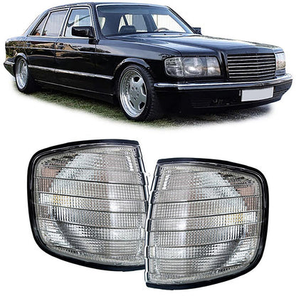 Pair of Black Smoked Turn Signal Lights Left Right Aftermarket Compatible with Mercedes S-Class W126 79-91 