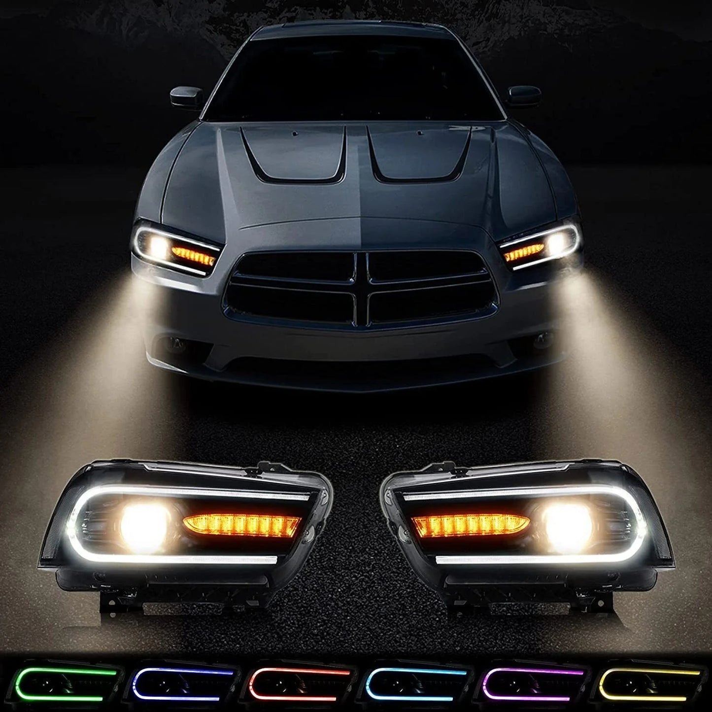 2011-2014 Dodge Charger RGB LED Headlights Black Dual Beam 
