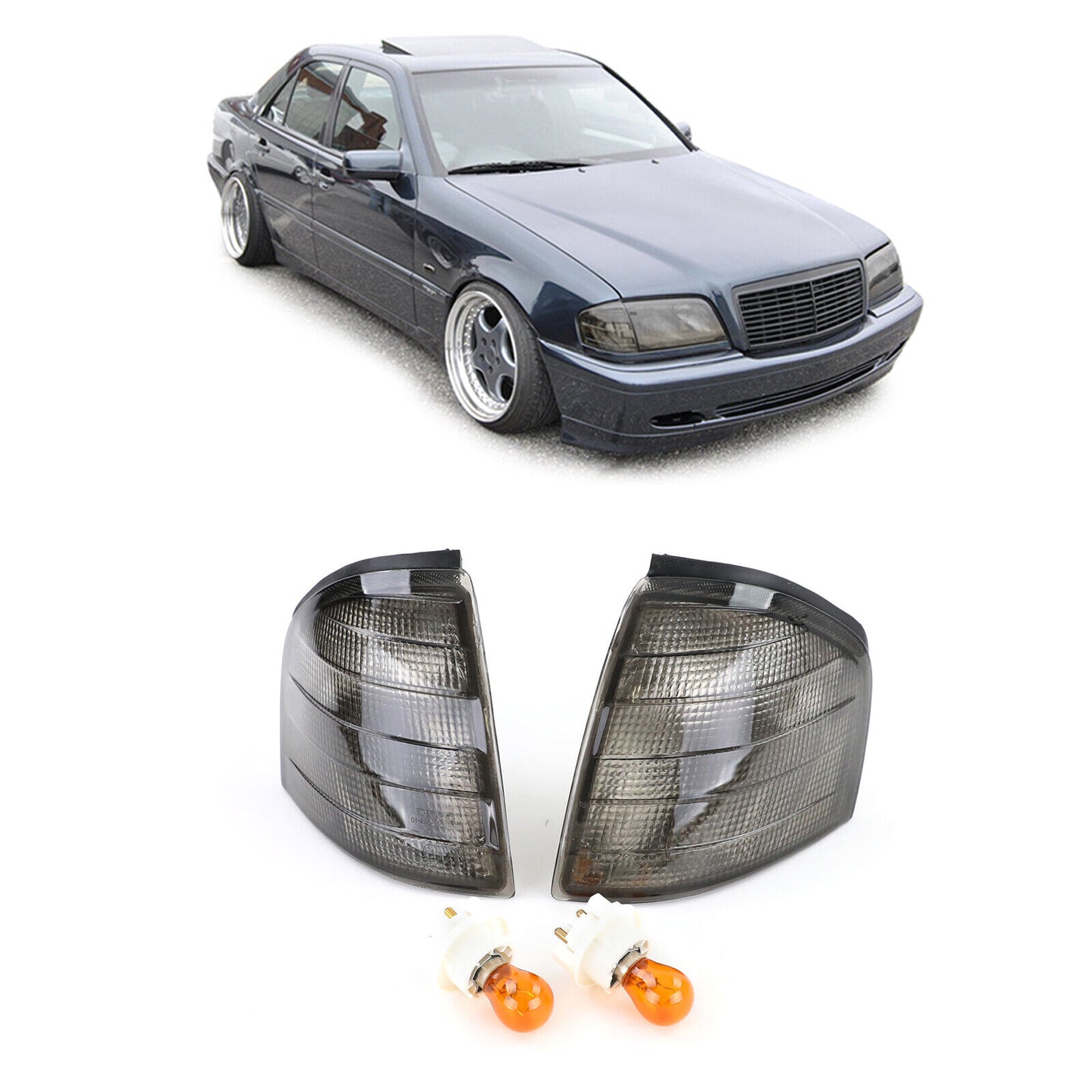 Coppia indicatori di direzione fumè neri aftermarket compatibile con Mercedes Classe C W202 93-00