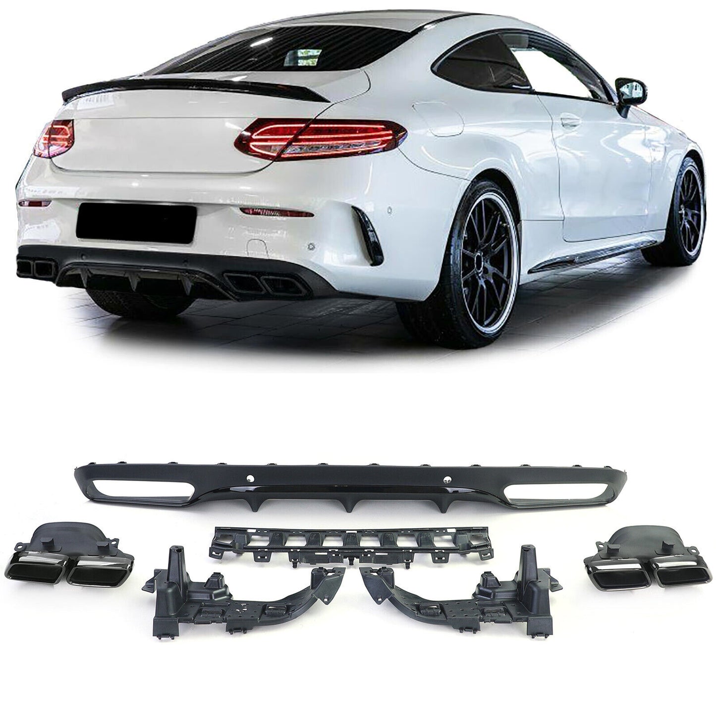 Diffusore Posteriore Sportivo con Terminali di Scarico Nero per Mercedes C C205 Coupé 15-18