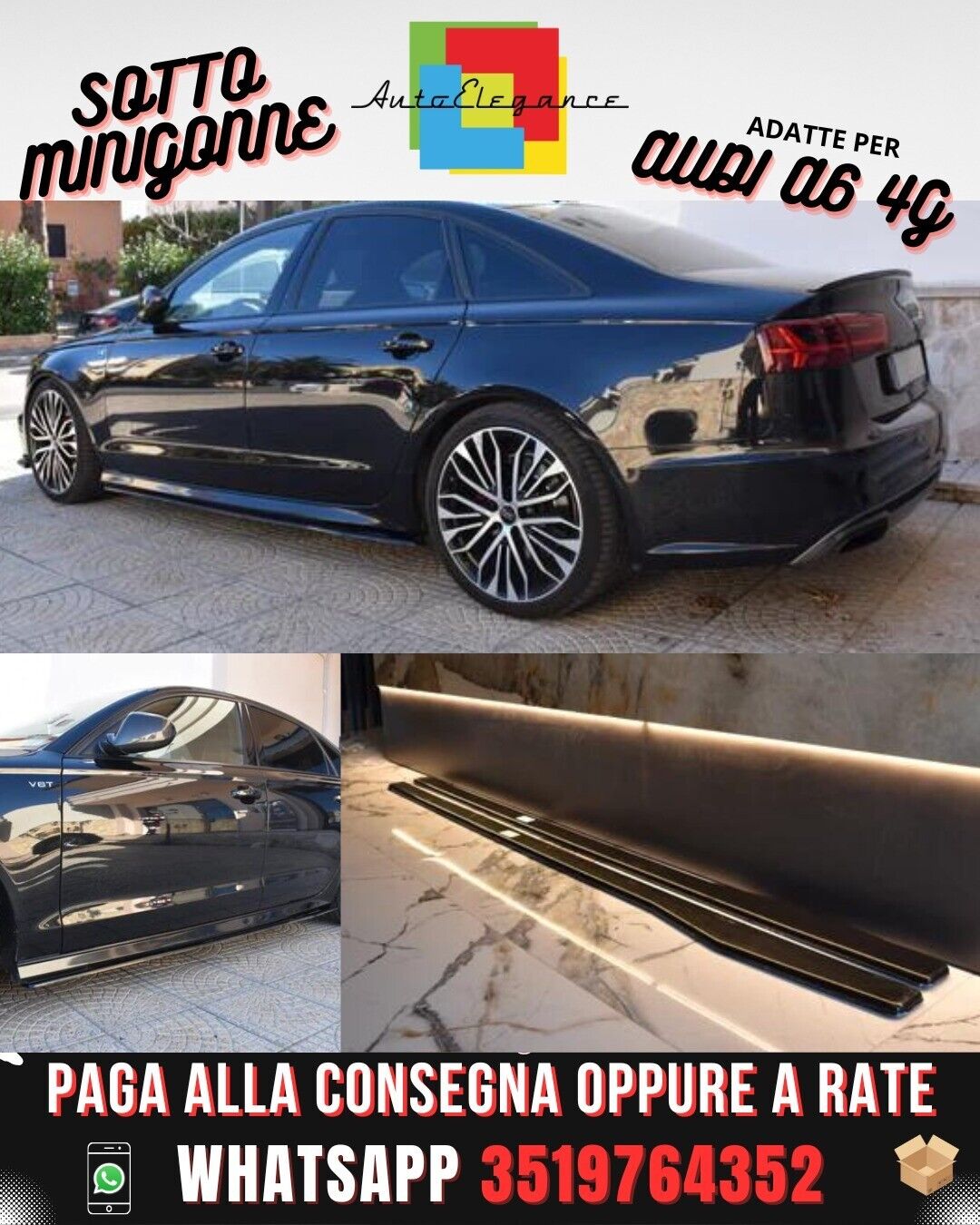 SOTTO MINIGONNE ADATTE PER AUDI A6 4G C7 LOOK NERO LUCIDO DESIGN SPORTIVO 1547