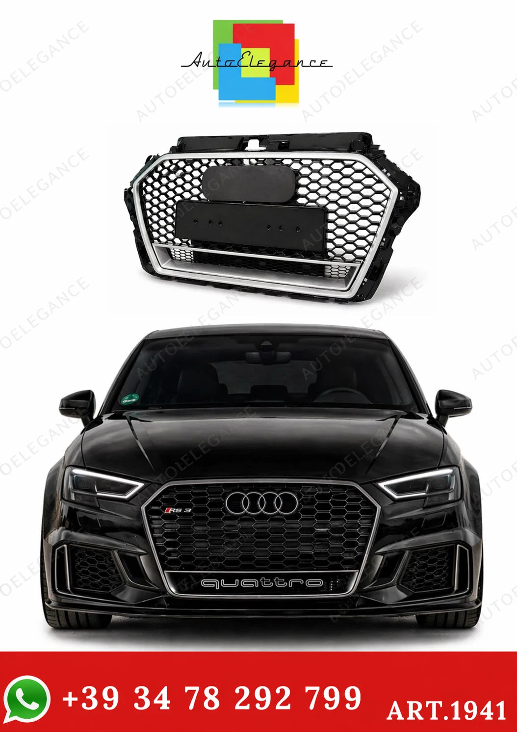 ⭐GRIGLIA PER AUDI A3 8V 2016-2020 LOOK RS3 QUATTRO NERA PROFILO SATINATO⭐