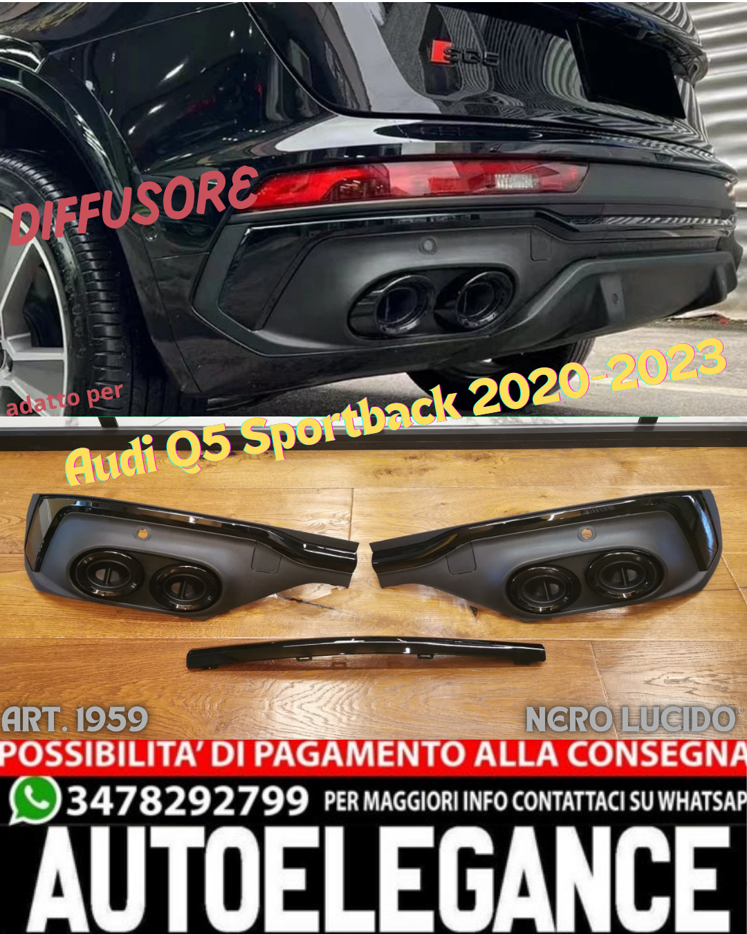 💎DIFFUSORE ADATTO PER AUDI Q5 SPORTBACK 2021-2022 LOOK SQ5 NERO LUCIDO💎