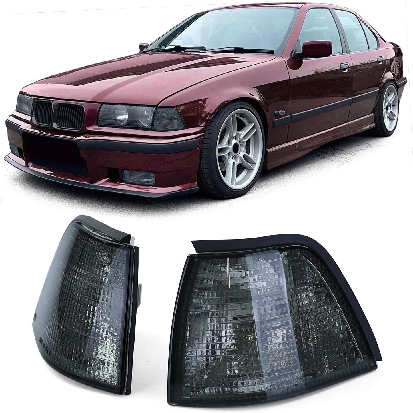 Coppia indicatori di direzione fumè neri adatti per BMW Serie 3 E36 Berlina Touring Compact 90-98