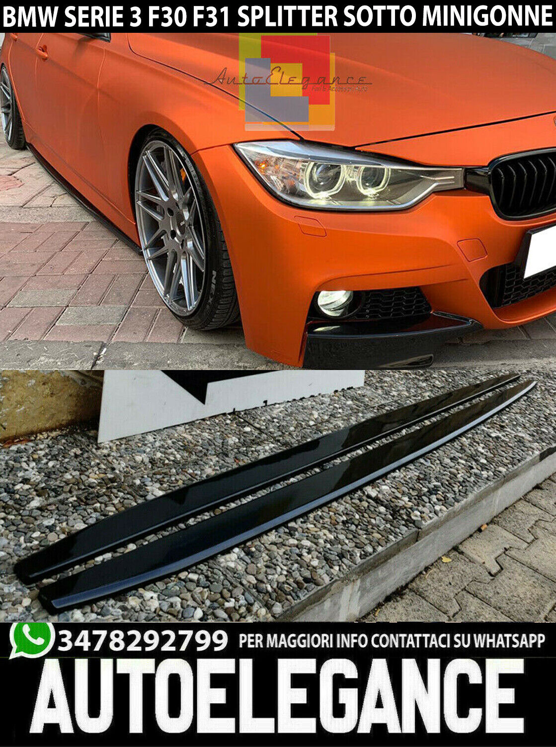 BMW SERIE 3 F30 F31 SPOILER SPLITTER SOTTO MINIGONNE ABS NERO LUCIDO M SPORT