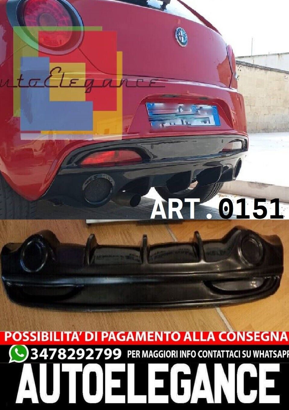 0151 DIFFUSORE ALFA ROMEO MITO SOTTO PARAURTI POSTERIORE ESTRATTORE NERO LUCIDO