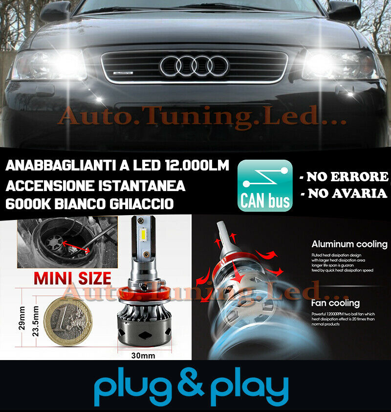 LAMPADE ANABBAGLIANTI LED AUDI A3 8L ISTANTANEO 6000K 12.000LUMEN CAMBUS