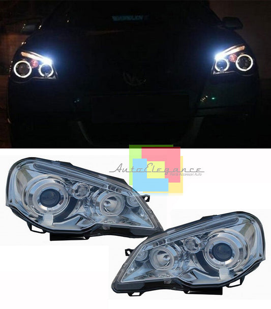 VW POLO 9N3 2005-2009 FARI ANTERIORI CROMATI ANGEL EYES LENTICOLARI H1 / H1
