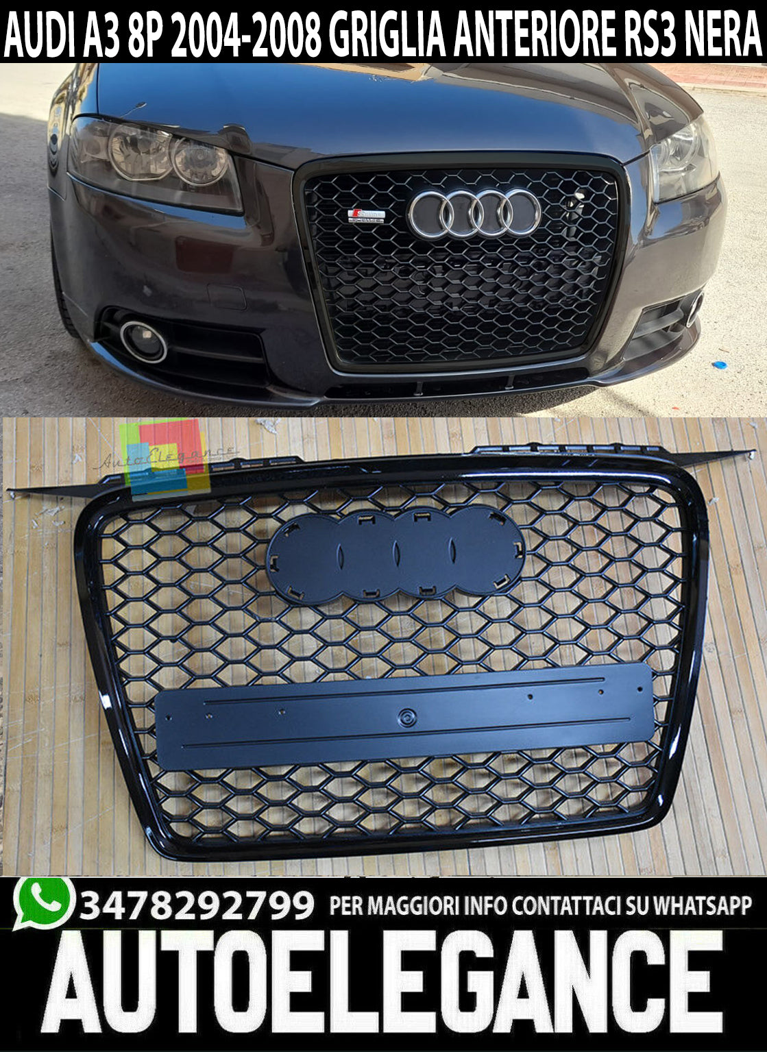 GRIGLIA ANTERIORE AUDI A3 8P 05-08 look RS3 NERO NIDO D'APE + logo nero (PROMO)