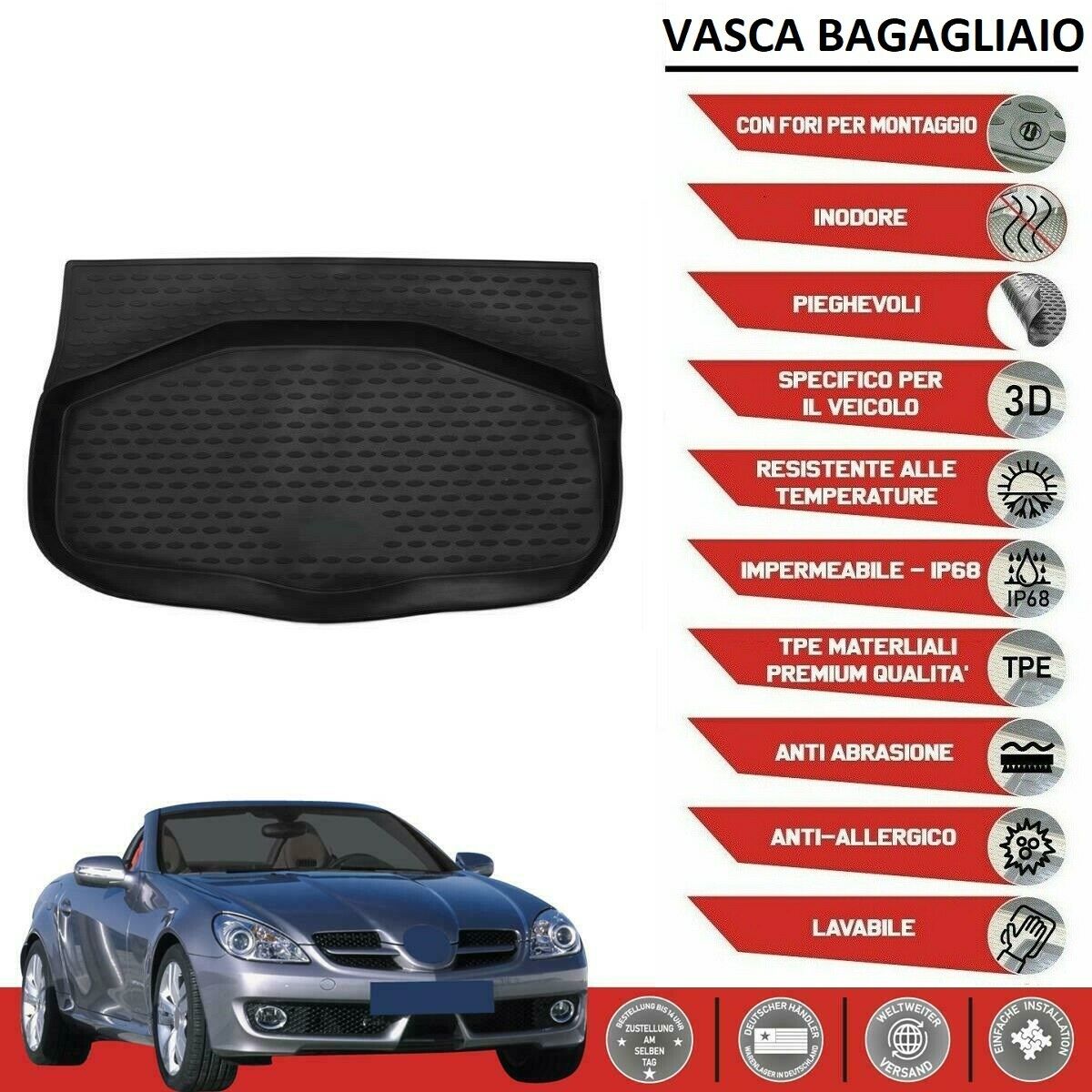 TAPPETO VASCA BAGAGLIAIO NERO Mercedes SLK R171 2004-2011 in gomma con bordo
