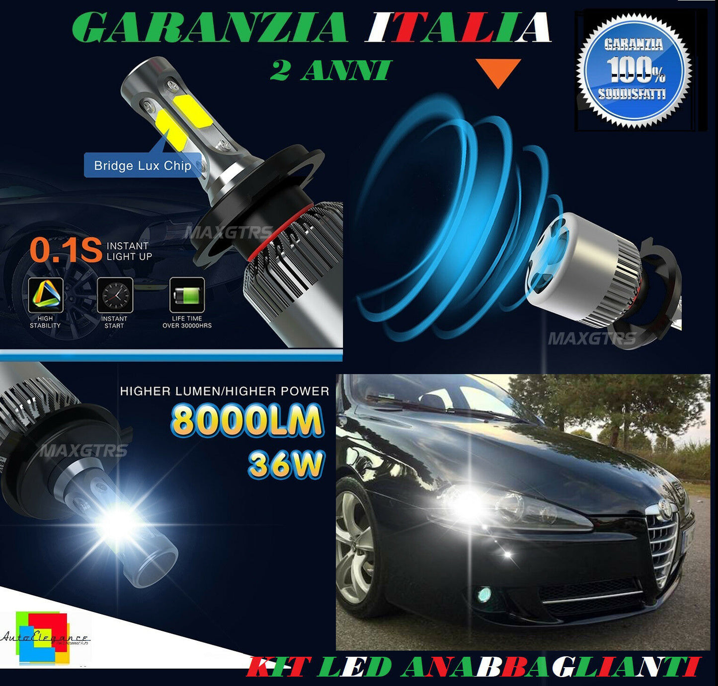 LAMPADE ANABBAGLIANTI 36W LED ALFA ROMEO 147 00-10 LAMPEGGIO ISTANTANEO 6000K