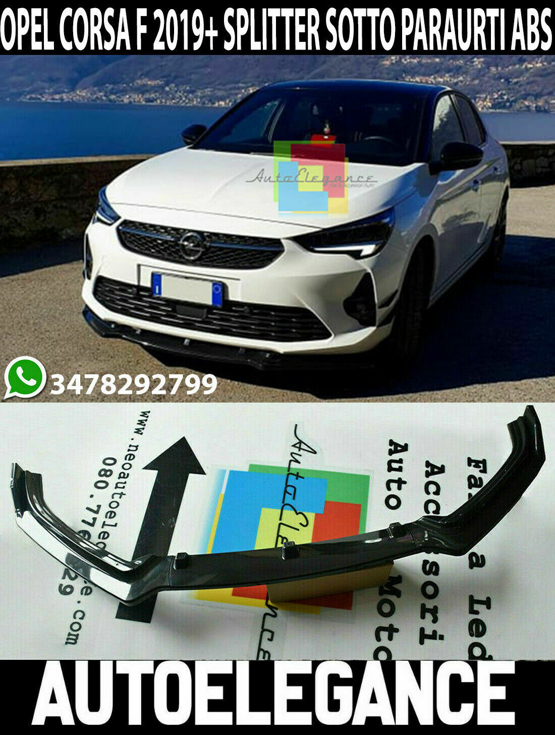 0024 OPEL CORSA F 2019+ LAMA SOTTO PARAURTI ANTERIORE ABS NERO LUCIDO SPLITTER - AUTOELEGANCERICAMBI